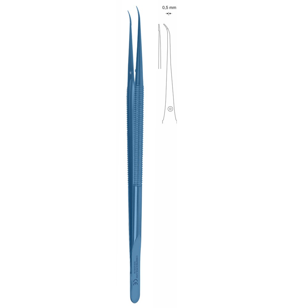 Pinceta mikrochirurgiczna do wiązania szwów z okrągłą rączką, dł. 180 mm, czubek 0,5 mm, odgięta, z tytanu